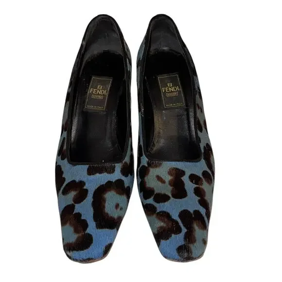 Rare Vintage Fendi Blue Leopard Calf Hair Heels Pumps Size 36 Italy - Picture 4 of 14